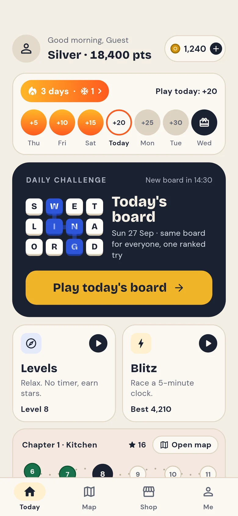 WordWiggle home screen with today's Daily Challenge card and a 12-day streak