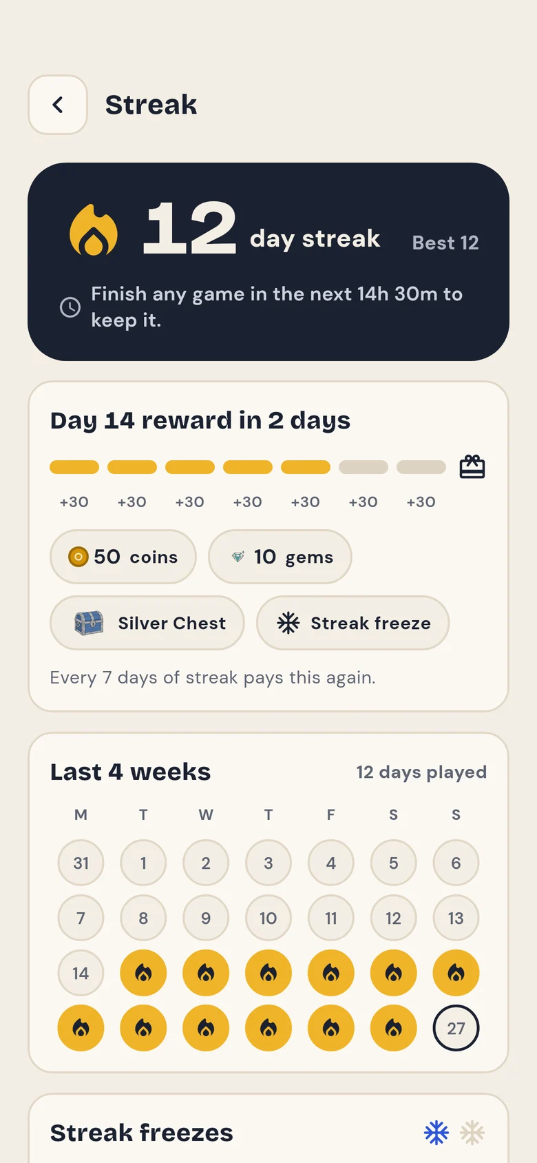 The streak screen showing a 12-day streak and a calendar of played days